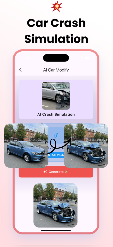 AI Car Design: Custom Maker - Vorher-Nachher-Vergleich eines blauen Autos mit KI-generierten Unfallschäden in der AI Car Design App