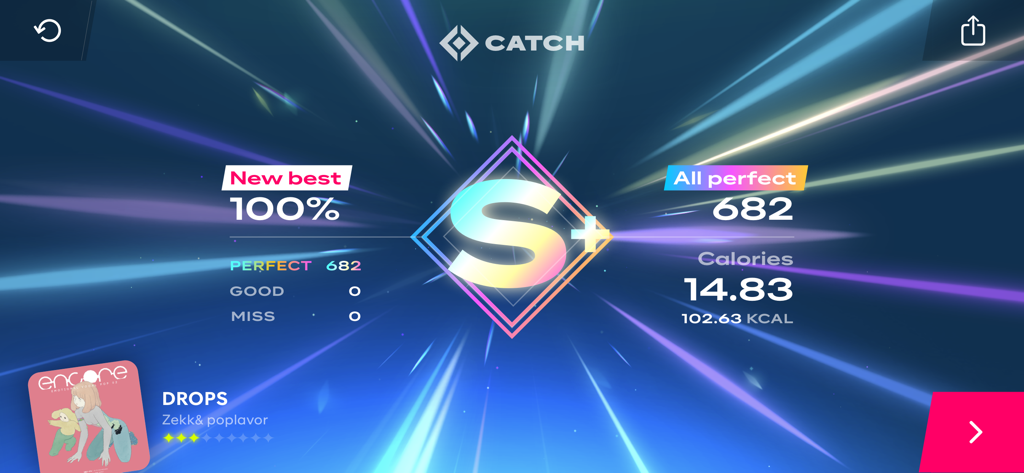 Starri - Move to music - Starri app gameplay result screen showing an S plus rank with perfect score and calorie tracking data