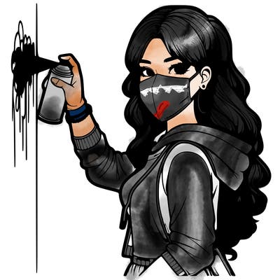 realistic girl with mask spray painting a wall