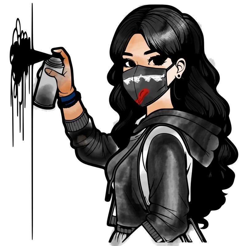 realistic girl with mask spray painting a wall