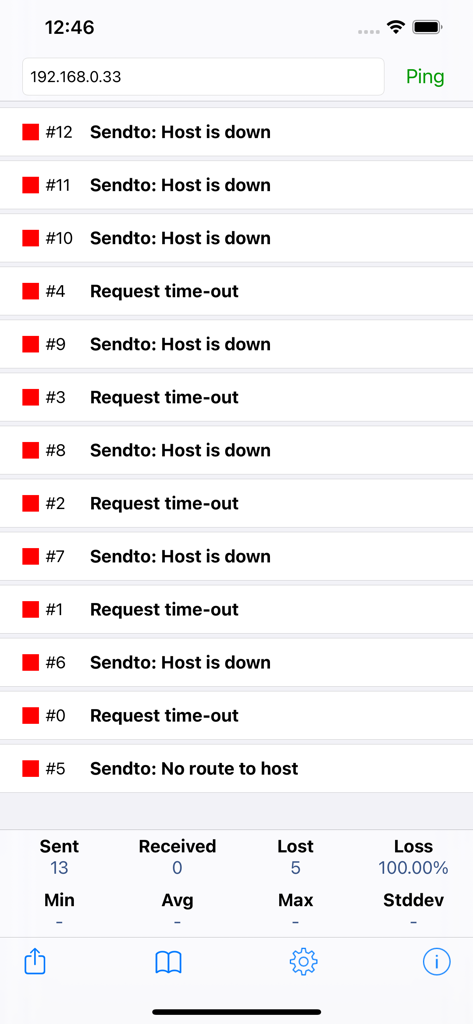 Ping - network utility - Ping-App-Oberfläche, die einen fehlgeschlagenen Netzwerktest mit Host-Down- und Request-Timeout-Fehlern für eine IP-Adresse anzeigt.