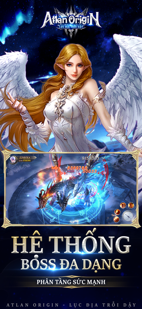 Atlan Origin: Lục Địa Trỗi Dậy - Atlan Origin MMORPG gameplay featuring a dragon boss battle and an angelic character