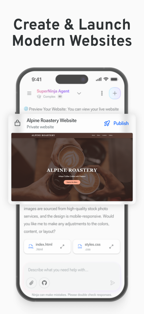 Interfaz de Ninja AI que muestra al agente SuperNinja creando y lanzando un sitio web moderno con vistas previas de código.