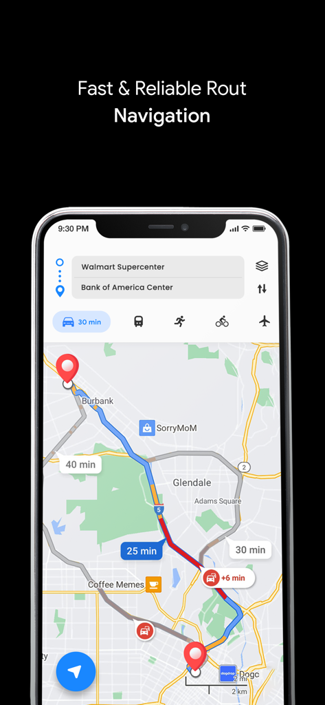 GPS Live Navigation & Live Map - GPS Live-Navigation App-Oberfläche, die mehrere Routenoptionen und Live-Verkehrsaktualisierungen auf einer Stadtkarte anzeigt.