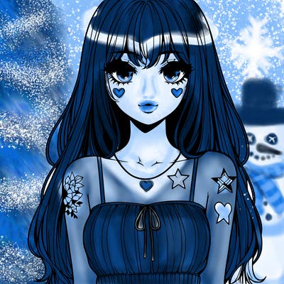 realistic anime girl with long hair star heart tattoos with a simple fabric dress with full lips