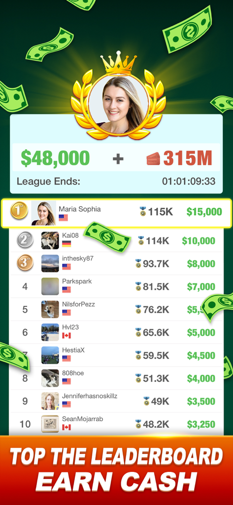 Dominoes Cash: Win Real Money - Leaderboard ranking players with real cash prizes in Dominoes Cash