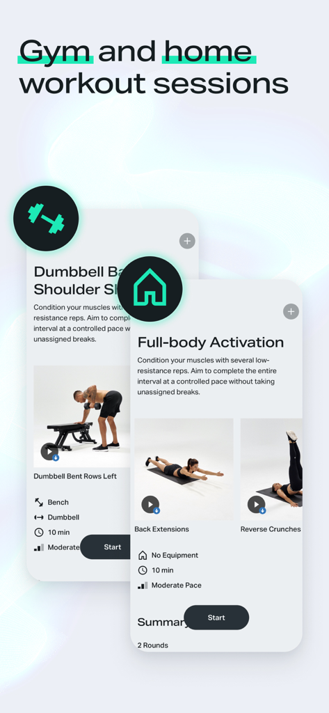 Freeletics app interface displaying gym and home workout session plans