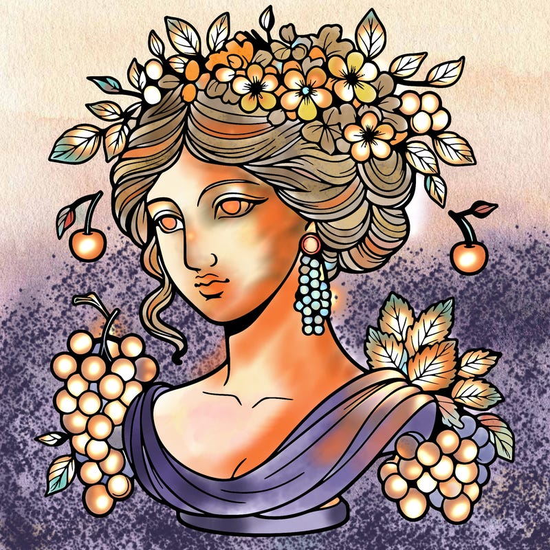 bust of a woman statue with flowers and a bunch of grapes in her hair, cherry earrings