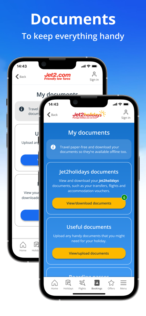Pantalla Mis documentos de la app Jet2 para gestionar vales de vacaciones y tarjetas de embarque sin conexión