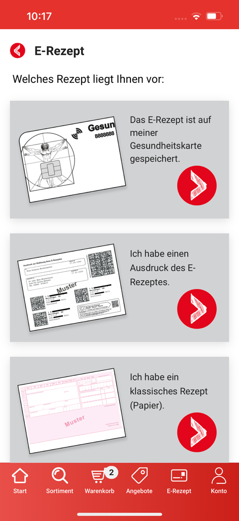 Pantalla en la aplicación de apotal para elegir entre las opciones de impresión digital de la tarjeta sanitaria o receta en papel