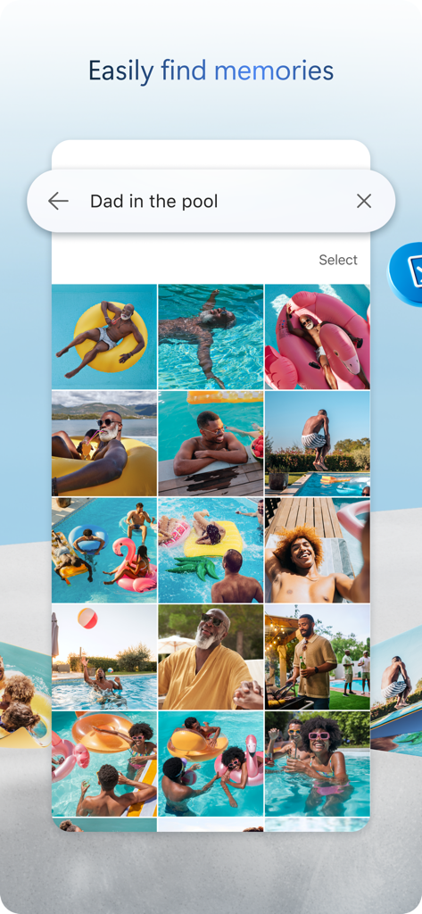 Microsoft OneDrive mobile app interface displaying a photo search result for Dad in the pool with a grid of pictures.