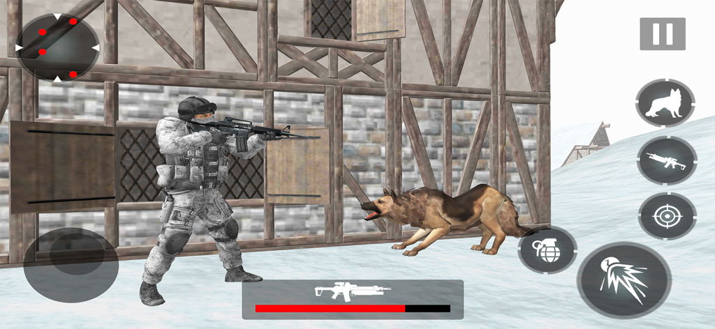 A soldier in winter camouflage aiming a rifle next to a dog in a snowy battlefield environment