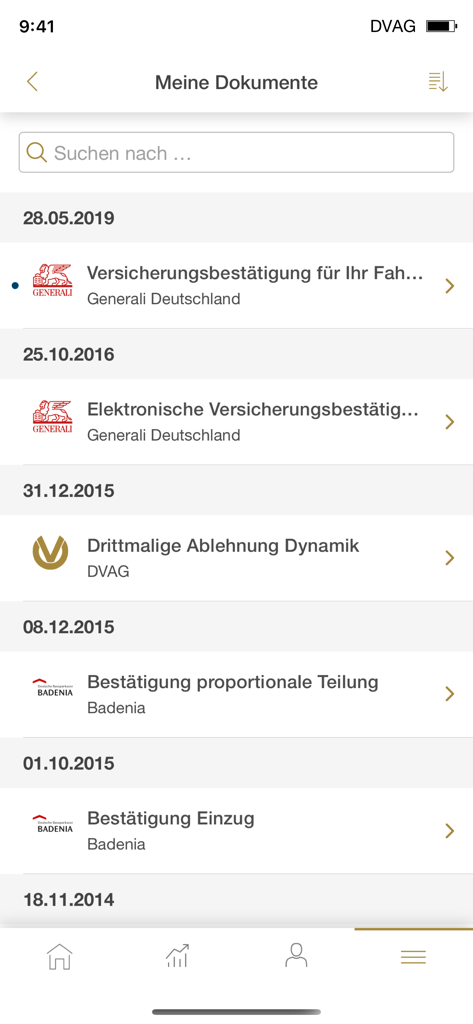 Mobiler Bildschirm von MeineApp DVAG mit einer Liste digitaler Finanzdokumente