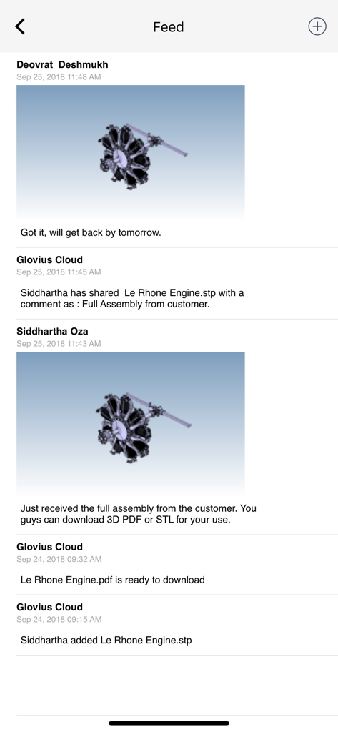 Feed de actividad en la aplicación Glovius que muestra la colaboración en equipo y modelos 3D de motores CAD compartidos con comentarios.