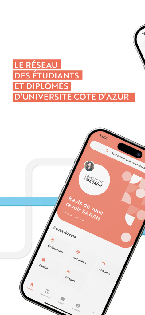 UniCA & moi - UniCA and moi app interface for student and graduate networking with career and event features