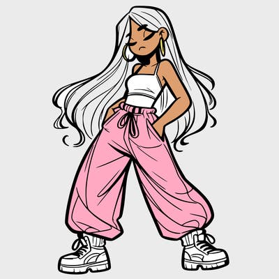 girl in baggy pants crop top and long hair