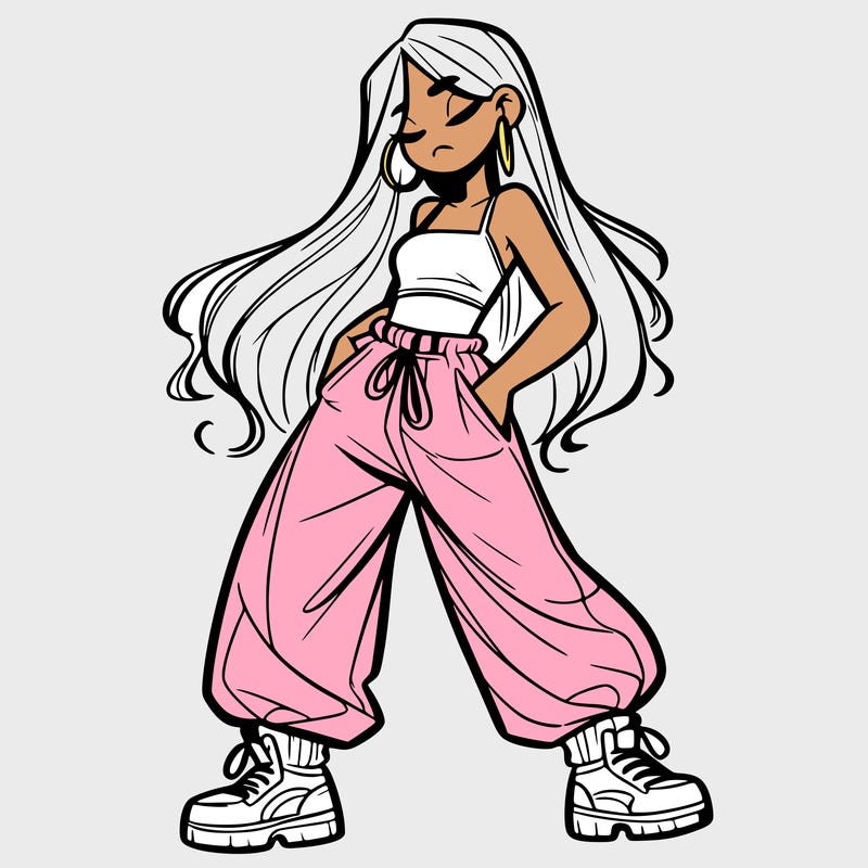 girl in baggy pants crop top and long hair