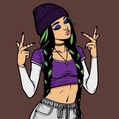 realistic teenage girl with braids and a beanie and crop top doing 🫶🏼