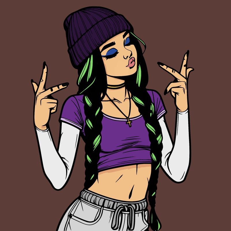 realistic teenage girl with braids and a beanie and crop top doing 🫶🏼