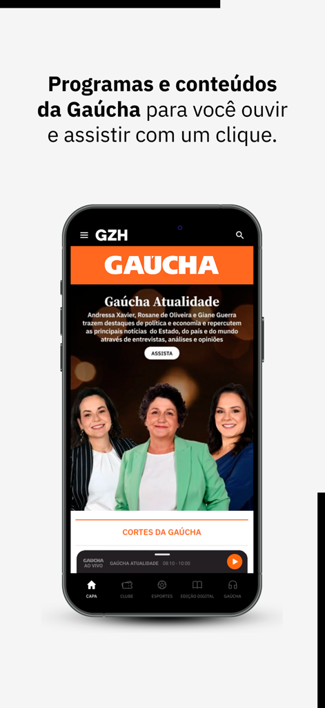 GZH: notícias RS - Screenshot of the GZH app showing the Radio Gaucha section with live news programs and commentators