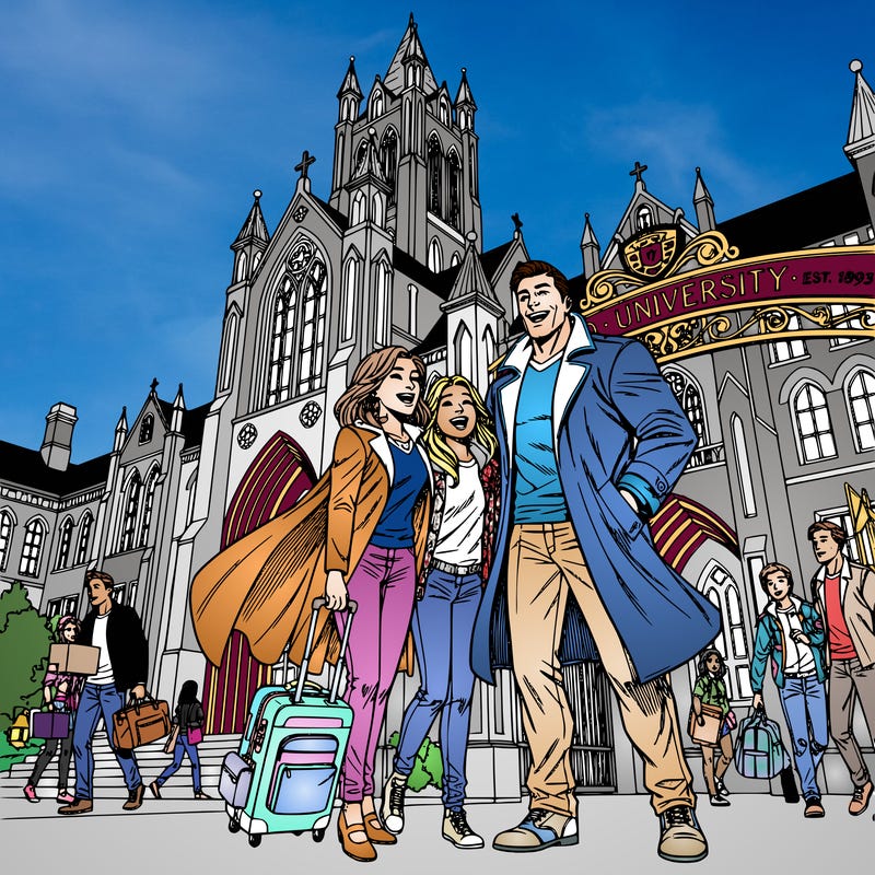 a family as they laugh while posing for a picture as they drop off their daughter at college.  other kids in background.   create other college details