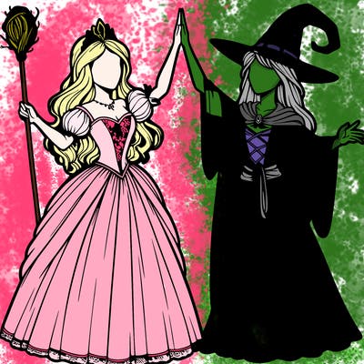 detailed realistic split of a princess and a witch