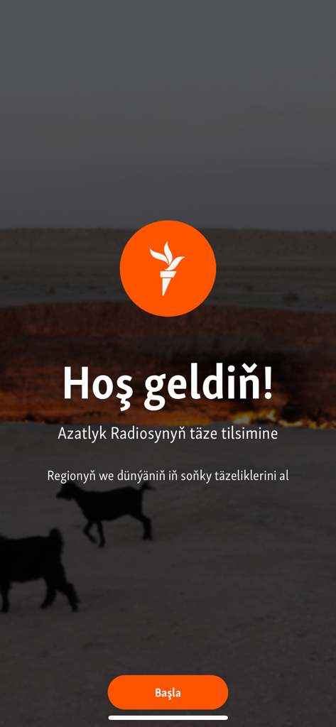 Azatlyk Radiosy - Welcome screen of the Azatlyk Radiosy app in Turkmen language featuring a torch logo and start button