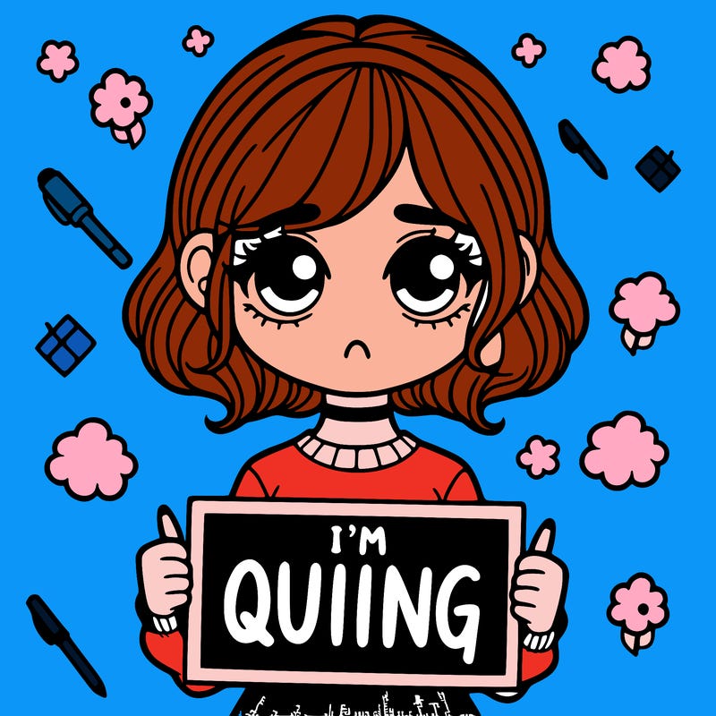 a girl holding a sign saying i'm quitting