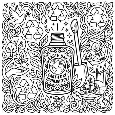 Get ready to celebrate Earth Day with a unique twist! This charming coloring page features a cosmetic highlighter bottle at its heart, surrounded by a vibrant tapestry of eco-friendly elements and symbols of nature.