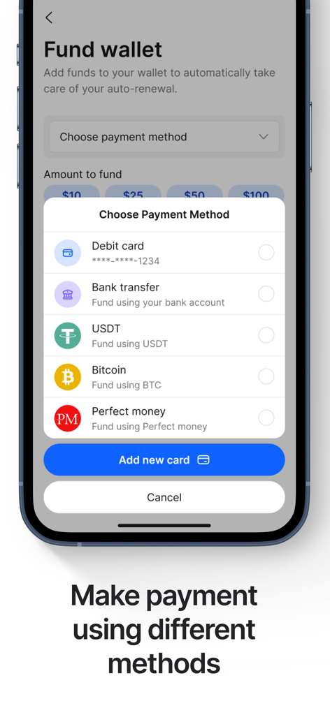 Pantalla de la aplicación GoldenRDP mostrando múltiples métodos de pago, incluyendo tarjeta de débito, transferencia bancaria, USDT y Bitcoin para fondear la billetera.