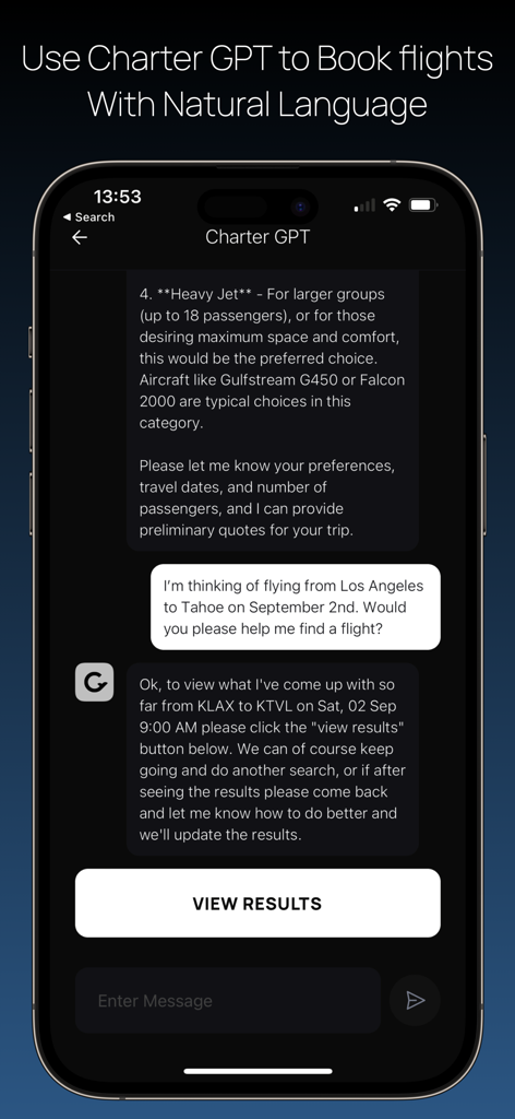 CharterGPT - CharterGPT app interface showing a chat-based booking process for a private jet flight from Los Angeles to Tahoe.