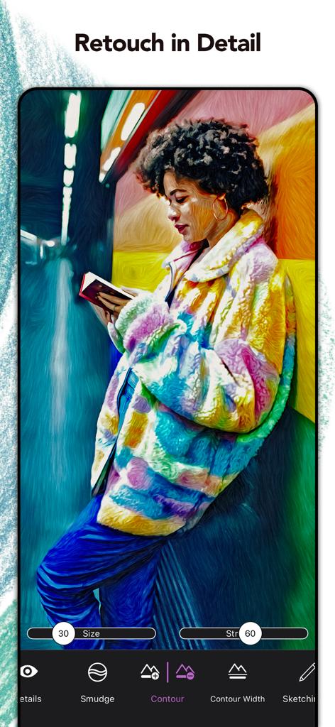 Screenshot of Graphite app showing detailed retouching and contour tools on a colorful sketch portrait