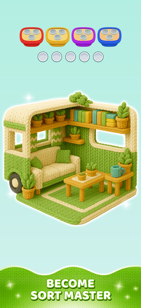 Yarn Sort 3D: Jam Puzzle - Interni di un camper 3D lavorati a maglia con mobili e piante con texture di filato dal gioco Yarn Sort 3D.