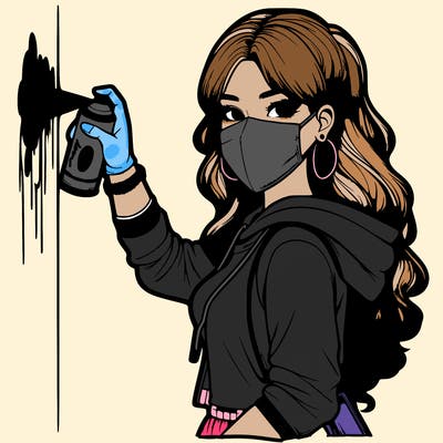realistic girl with mask spray painting a wall