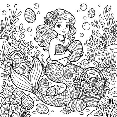 Discover an enchanting underwater Easter scene featuring a joyful mermaid surrounded by beautifully decorated eggs and marine life. This unique coloring page offers a magical blend of fantasy and holiday cheer, perfect for a relaxing creative escape.