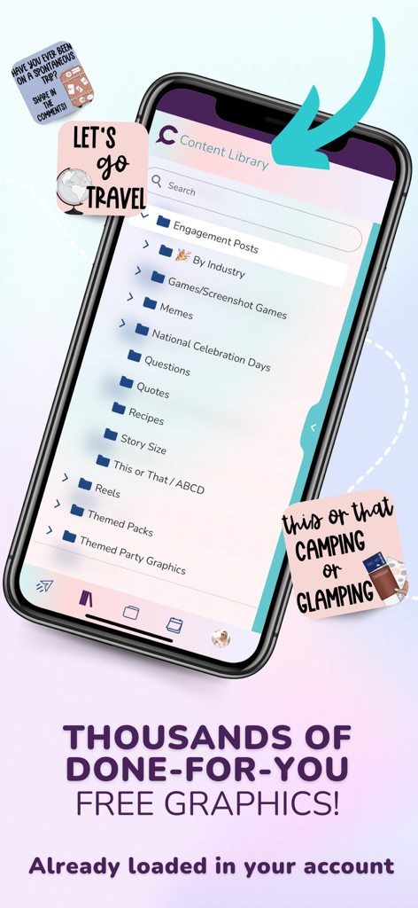 CinchShare mobile app showing the content library with thousands of ready to use social media graphics organized into folders.