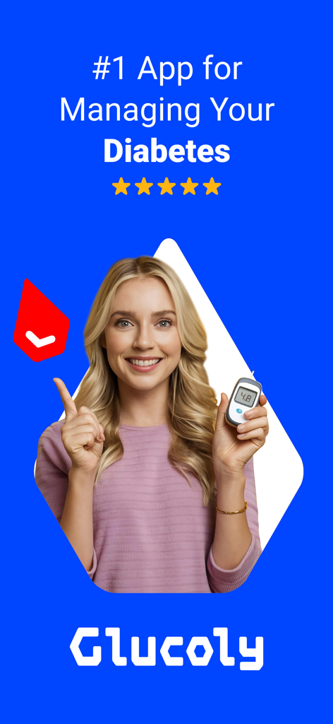 Blood Glucose Monitor・Diabetes - Lächelnde Frau hält ein Blutzuckermessgerät und bewirbt die Glucoly Diabetes-Management-App