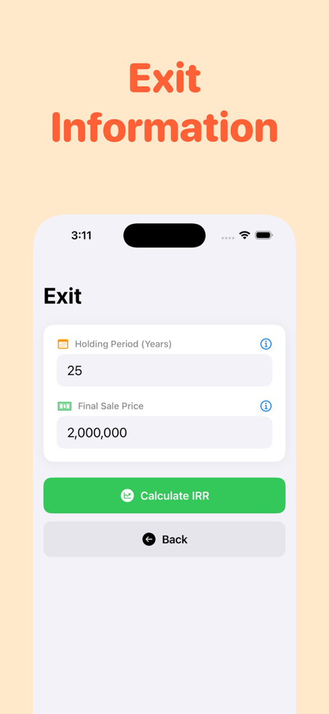 The Exit Information screen of the IRR Calculator app featuring fields for holding period and final sale price.