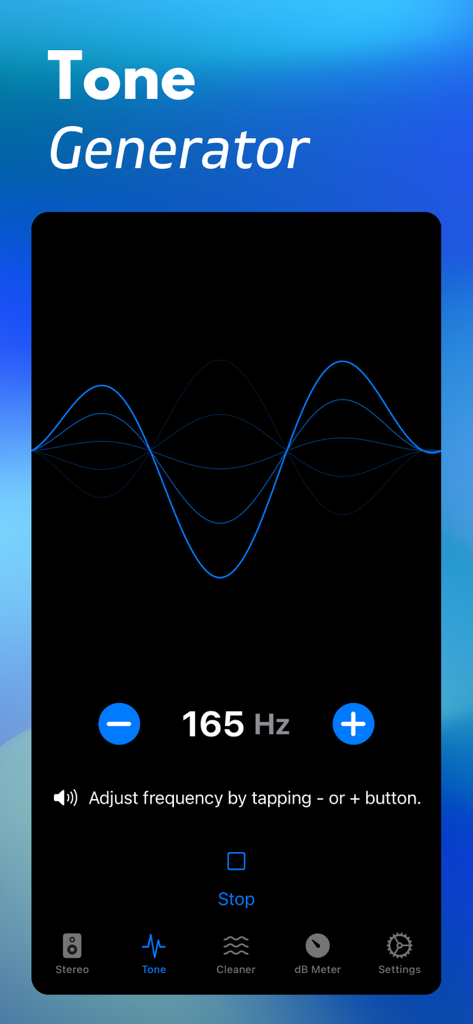 Speaker Cleaner app Tone Generator interface displaying 165 Hz and blue sound waves