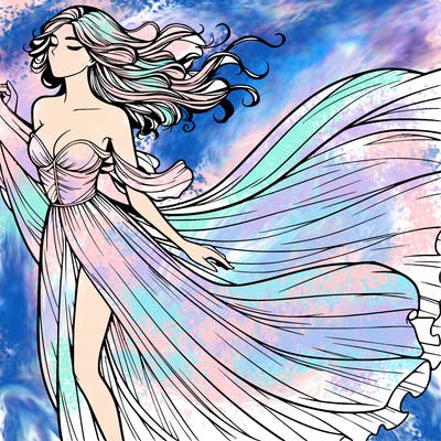 realistic woman in dress flowing the the wind