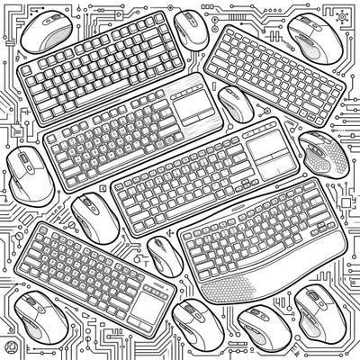 Explore the intricate world of modern technology with this unique coloring page featuring a dynamic collection of wireless keyboards and mice. Unwind and add your personal touch to these essential digital tools and their sophisticated circuit board backdrop.