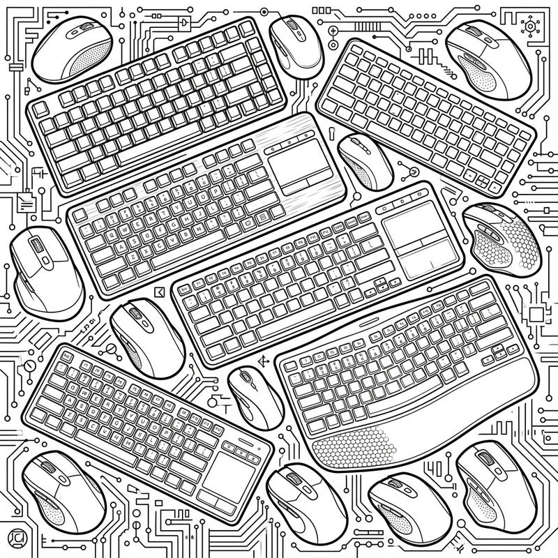 Explore the intricate world of modern technology with this unique coloring page featuring a dynamic collection of wireless keyboards and mice. Unwind and add your personal touch to these essential digital tools and their sophisticated circuit board backdrop.