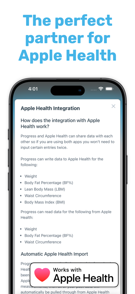 Progress Body Tracker app interface displaying Apple Health integration details and data synchronization options