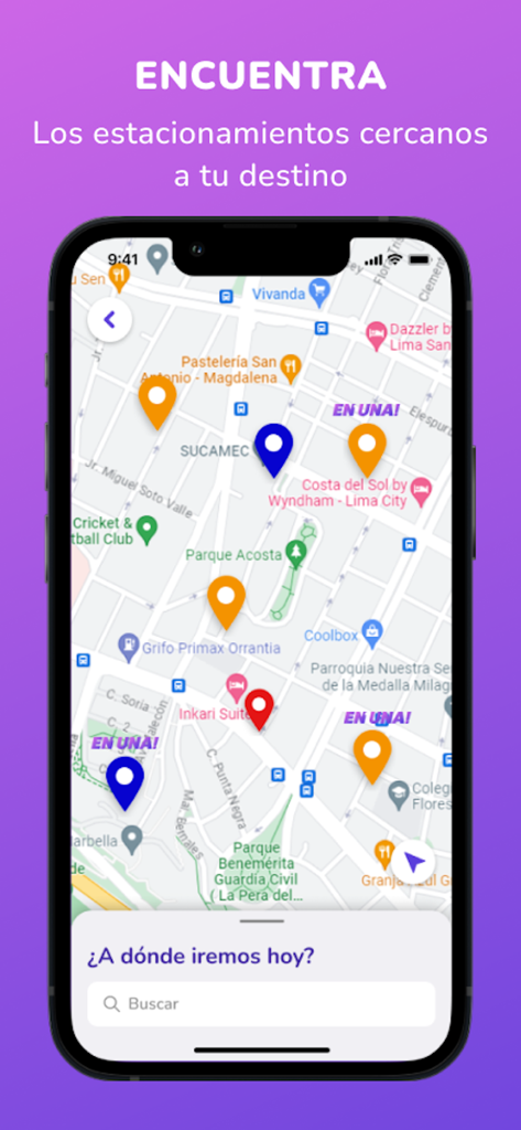 Apparka App map interface displaying nearby parking locations with pins and a search bar.