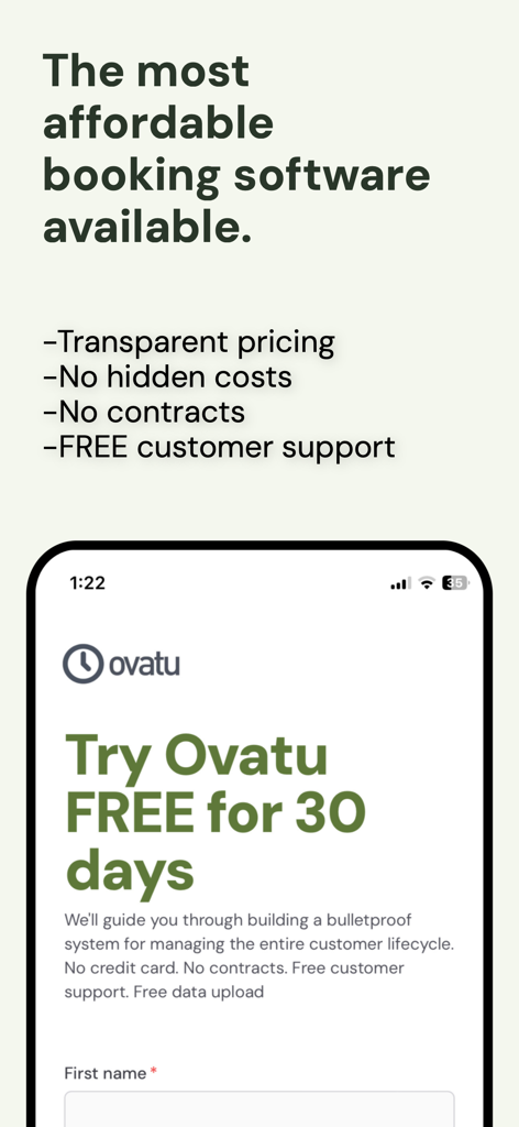 Ovatu - Promotional screen for Ovatu booking software highlighting affordable pricing and a 30 day free trial