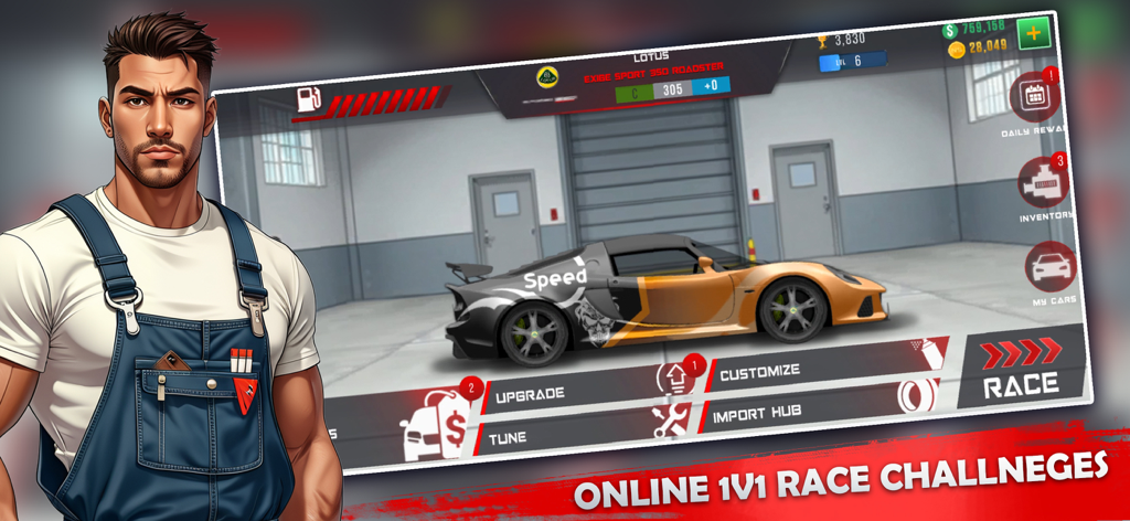 Nitro Speed: Drag Racing NS - El garaje del juego Nitro Speed muestra un personaje mecánico y un coche deportivo personalizado con opciones de menú