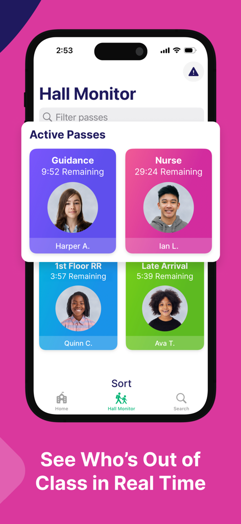 SmartPass Mobile - SmartPass Mobile app hall monitor screen showing active student passes with photos and countdown timers