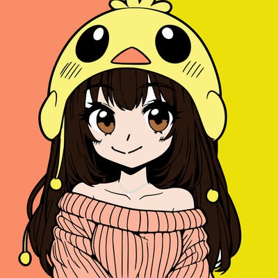 anime girl with chick shaped hat with sweater with bare shoulders with bangs covering them one eye with low tail
