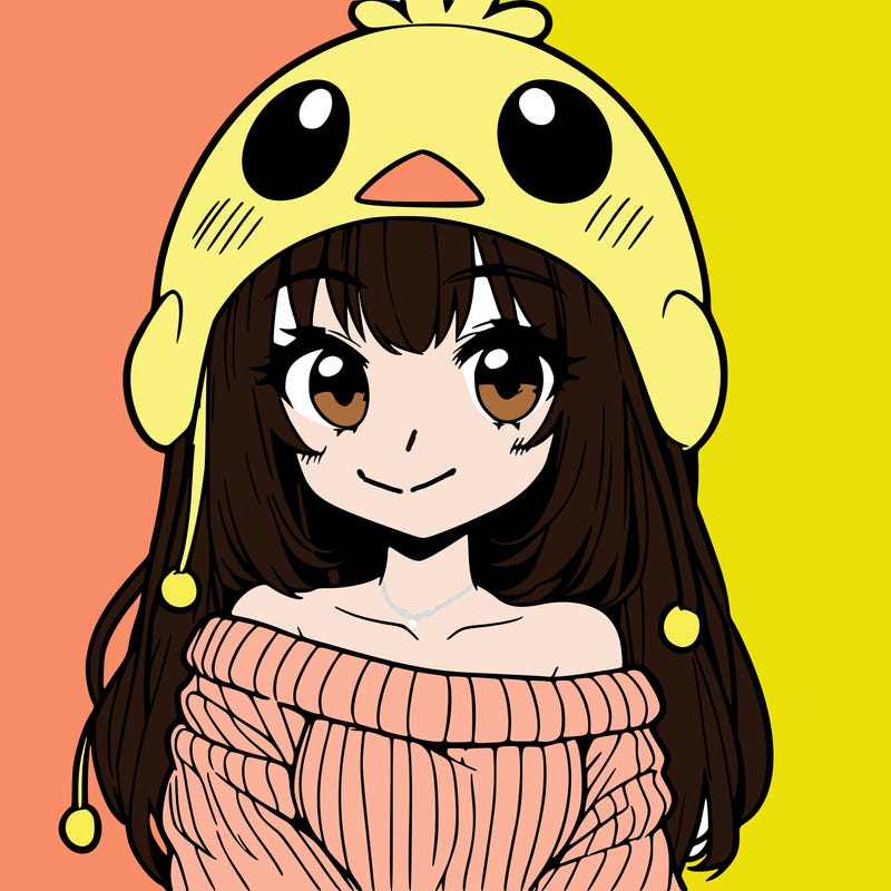 anime girl with chick shaped hat with sweater with bare shoulders with bangs covering them one eye with low tail