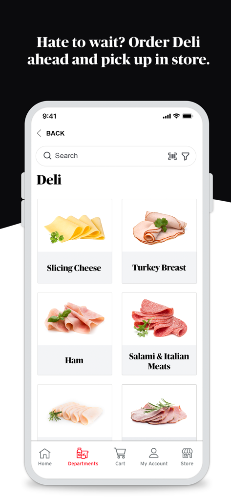 ShopRite Order Express - ShopRite Order Express mobile app deli section showing sliced cheese and meats for pre-order